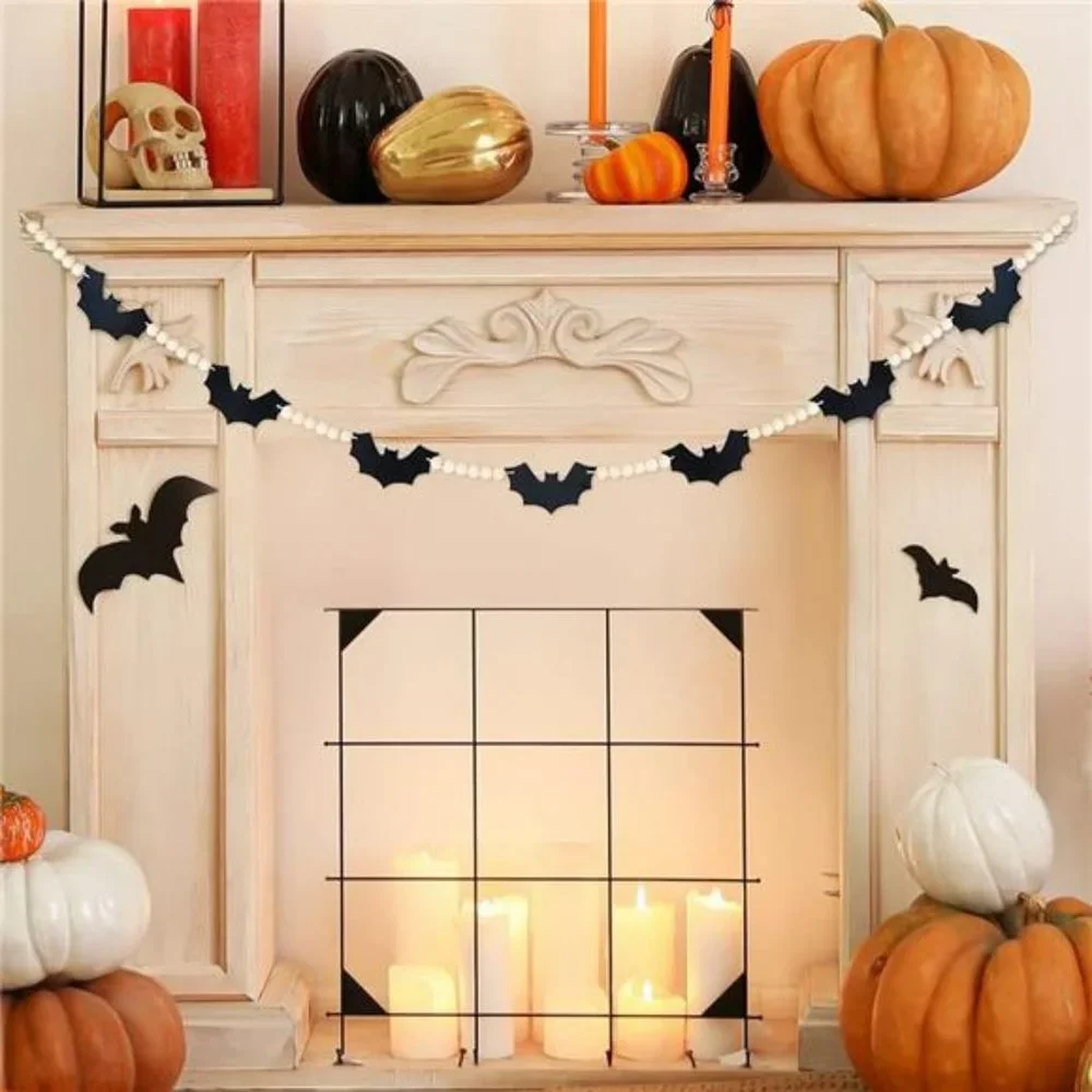 Halloween Garland, Bats Garland for Halloween Mantle Decor, Wood Bead Banner